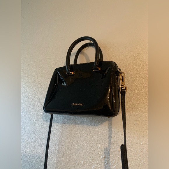 Calvin Klein Black Ashley Black Mini Satchel Purse Hand Bag Duffel Embossed Logo - Picture 4 of 10